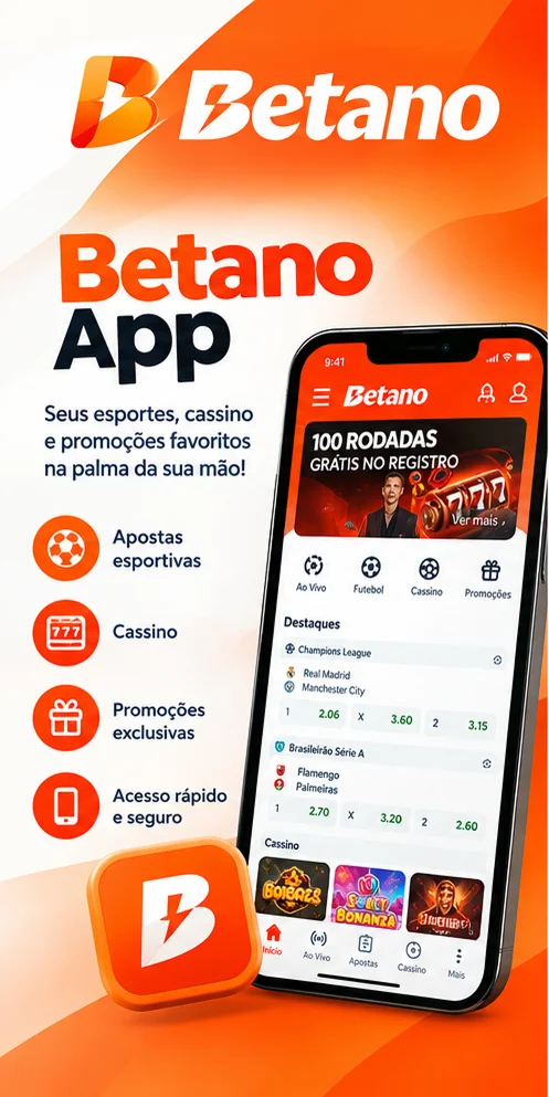 Tela do aplicativo Betano no celular com esportes, cassino e promoções.