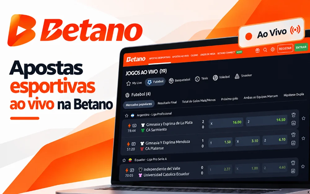 Painel de apostas ao vivo da Betano com placares e mercados de futebol.