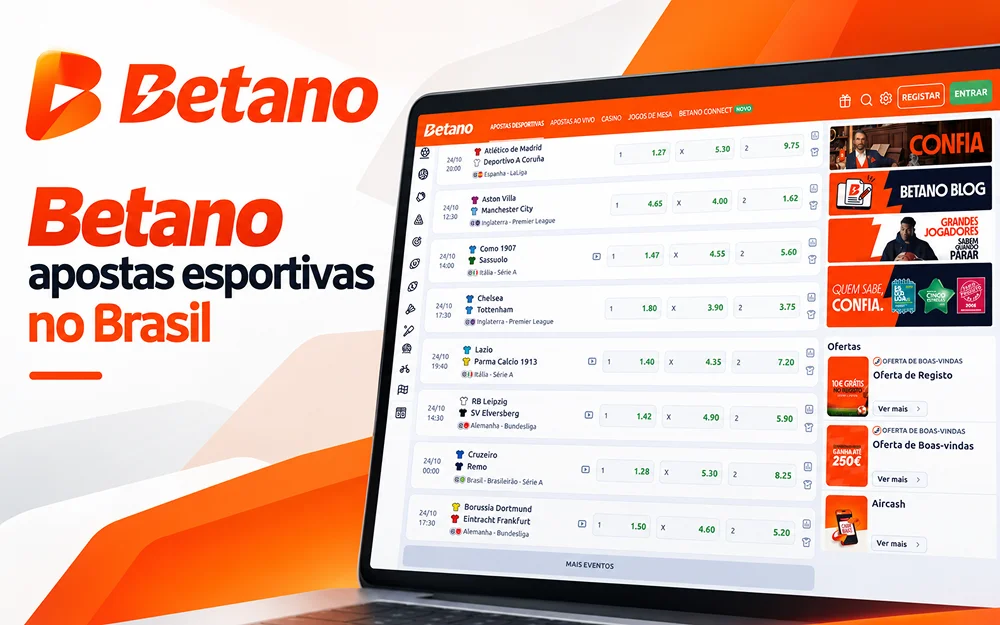 Interface da Betano com partidas, cotações e boletim de apostas no computador.