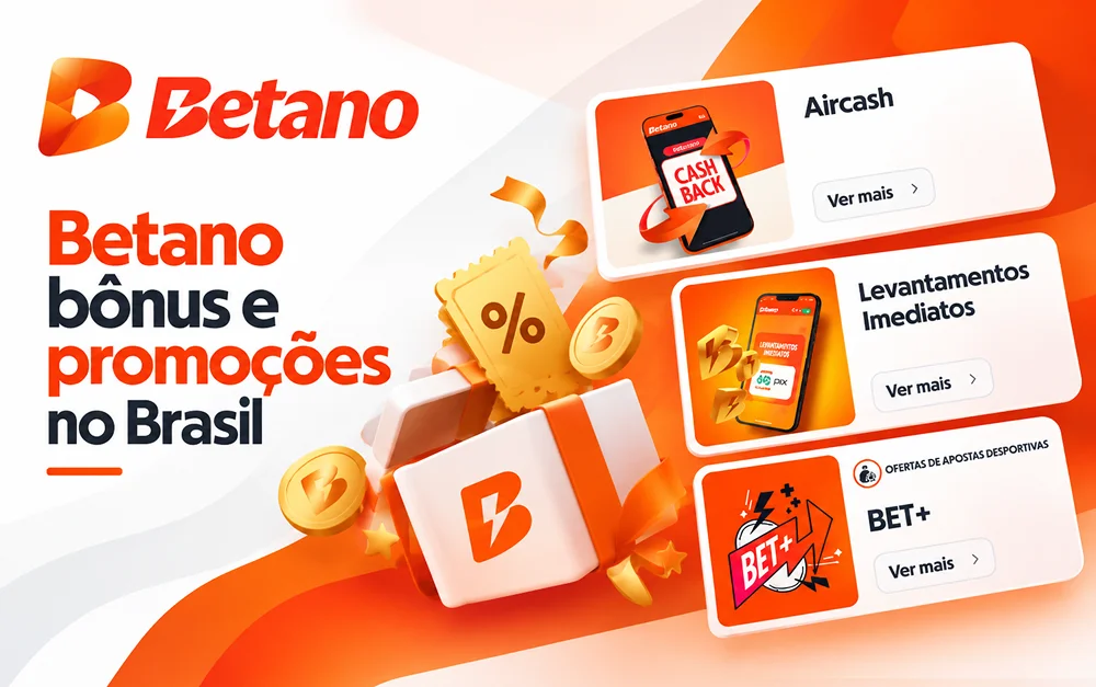Ilustração das promoções Betano com cartões de ofertas, moedas e uma caixa de presente.