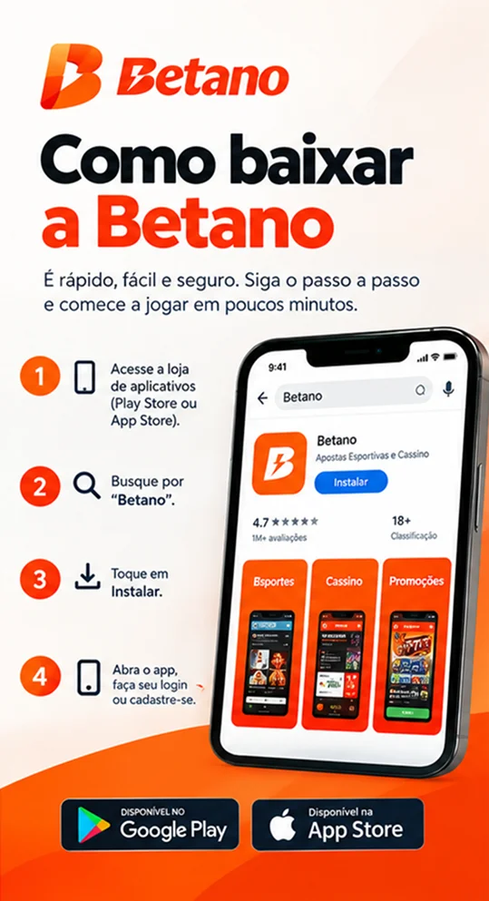 Guia ilustrado para localizar e instalar o aplicativo Betano no Google Play ou na App Store.