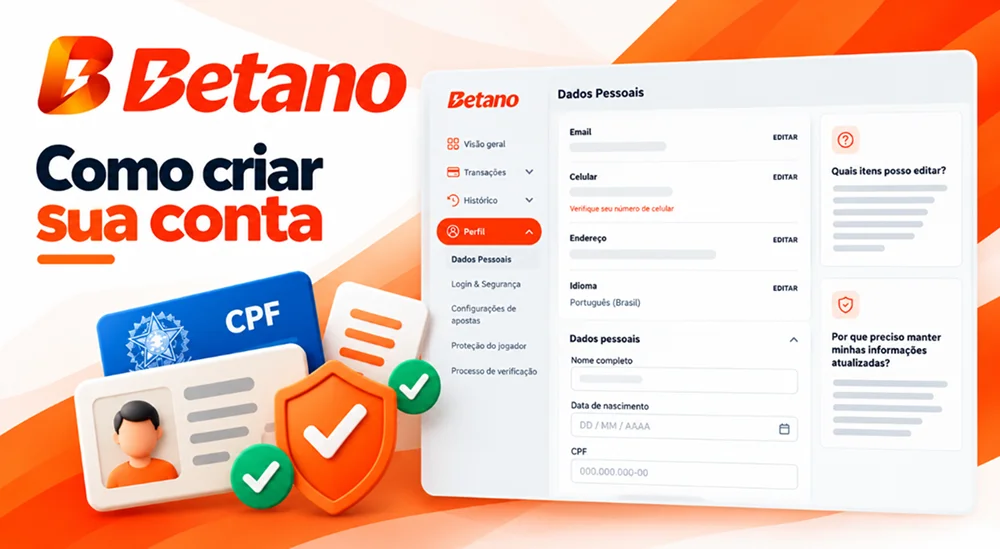 Área de dados pessoais da Betano com nome, data de nascimento, CPF e símbolos de verificação.