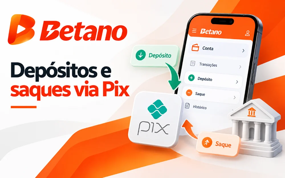Menu da conta Betano no celular com opções de depósito e saque via Pix.