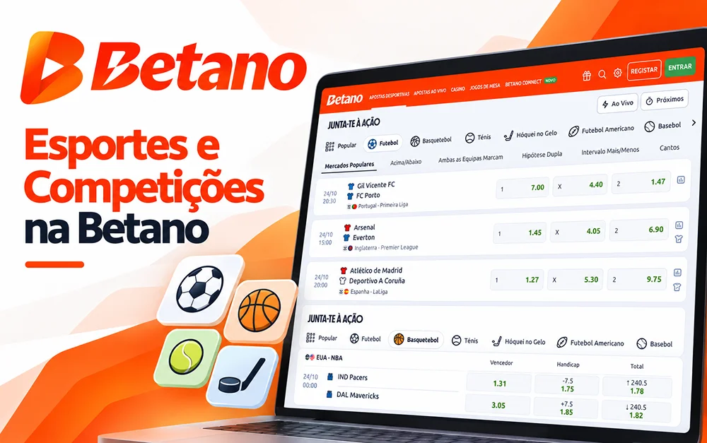 Lista de esportes, competições e cotações na interface da Betano.