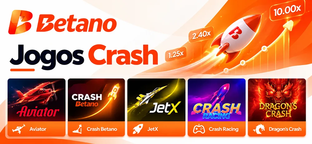 Jogos Aviator, Crash Betano, JetX, Crash Racing e Dragon’s Crash em uma ilustração de multiplicadores.