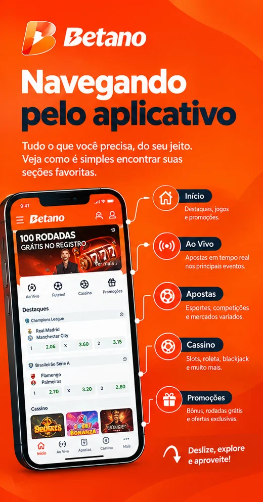 Menu do aplicativo Betano com as áreas Início, Ao Vivo, Apostas, Cassino e Promoções.